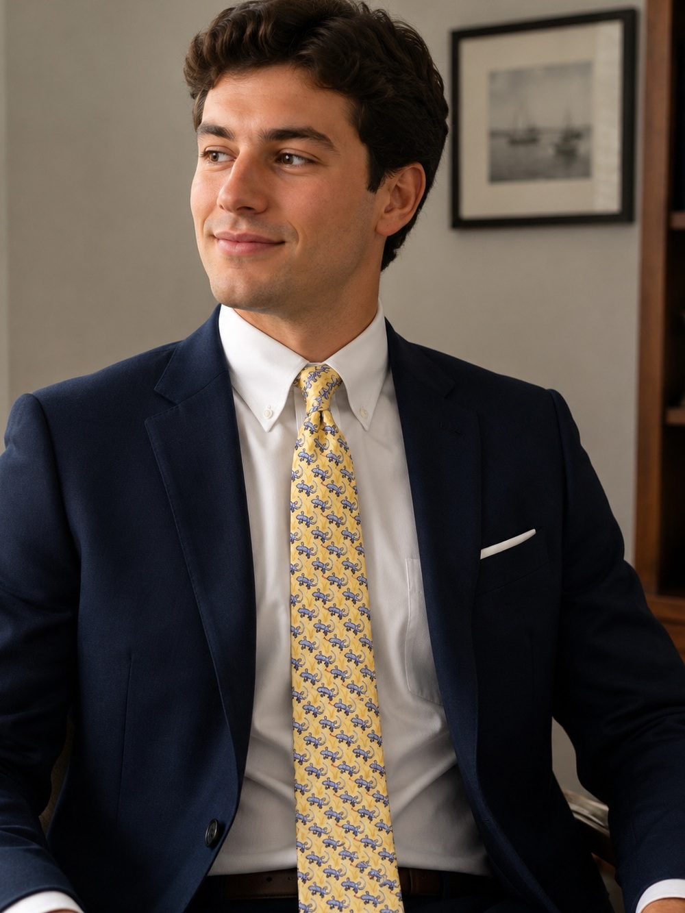 Vineyard Vines Yellow Silk Tie with Blue Whale Pattern